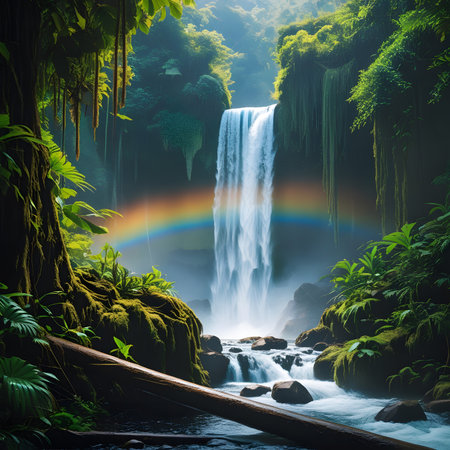 Beautiful waterfall in the rainforest with rainbow. 3d renderingの素材