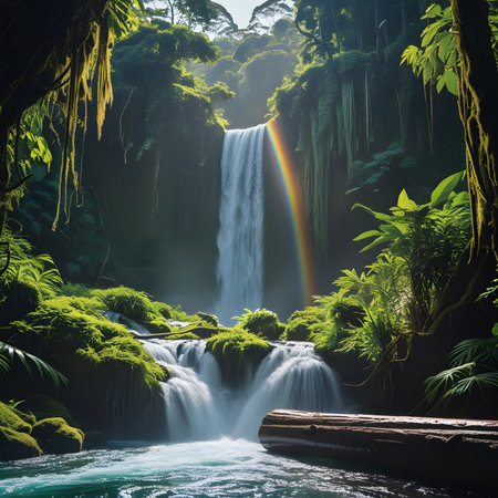 Waterfall in the rainforest with rainbow. 3d illustration.の素材