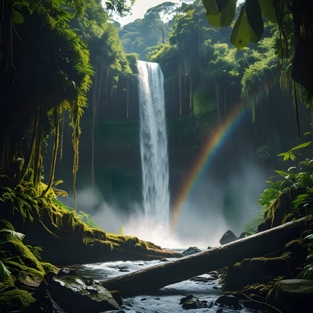 Tropical rainforest waterfall with rainbow in the sky and fogの素材