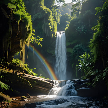 Beautiful waterfall with rainbow in the rainforest of Bali island, Indonesiaの素材