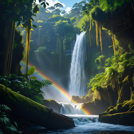 Beautiful waterfall with rainbow in tropical rainforest. 3d renderingの素材