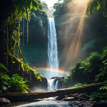Tropical rainforest with waterfall and rainbow. Nature background.の素材