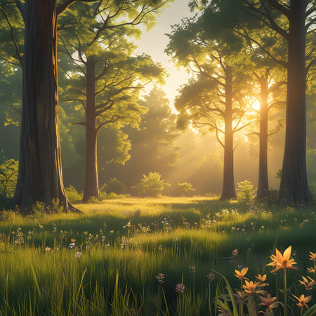 Sunrise in the forest. 3d render. Nature background.の素材