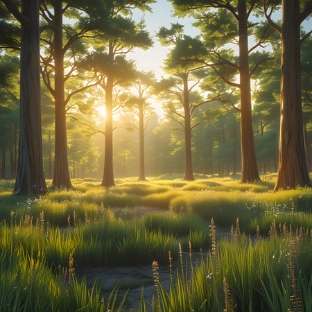 Sunset in the forest with sun rays through the trees. 3d renderの素材