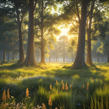 Beautiful morning in the forest with sunbeams. 3d renderの素材