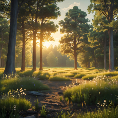 Sunset in the pine forest. 3d render, illustration.の素材
