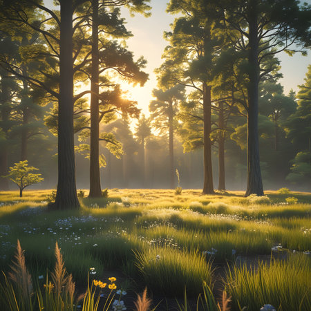 Pine forest at sunrise. Beautiful landscape with meadow and sunの素材