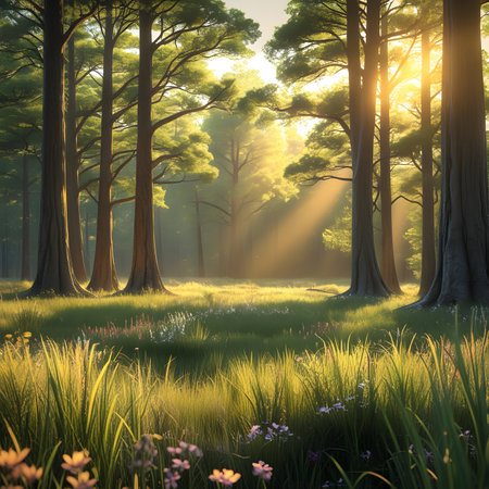 Beautiful sunrise in the forest. 3D render. Nature backgroundの素材