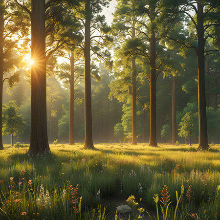 Sunrise in the pine forest. 3D render of nature backgroundの素材
