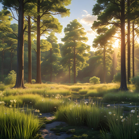 Beautiful sunrise in the pine forest. Nature composition. 3d renderの素材