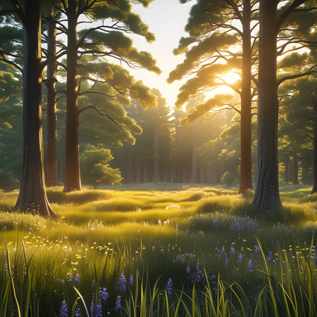 Beautiful morning in the forest with sun rays. 3d renderingの素材