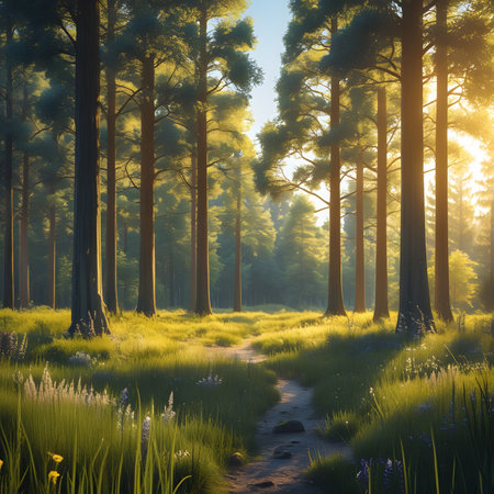 Beautiful landscape of pine forest at sunrise, 3d render.の素材