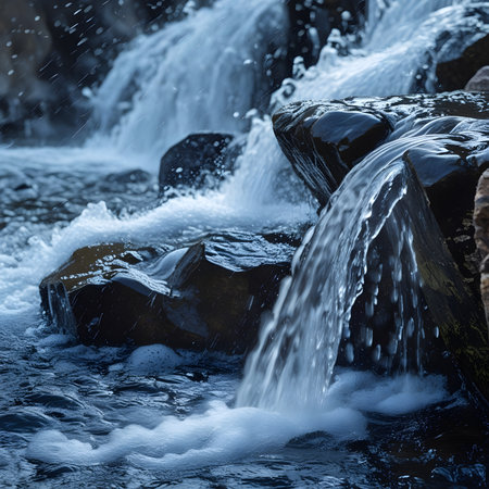 Waterfall in the forest with rocks and splashes of water.の素材