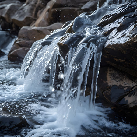 Frozen waterfall in the forest. Shallow depth of field. Toned.の素材
