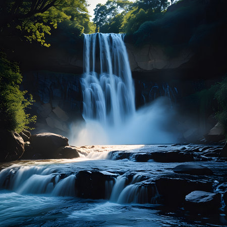 Beautiful waterfall in the forest at sunset, long exposure shot.の素材