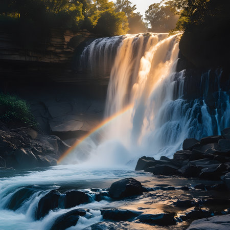 Beautiful waterfall in the forest at sunset, long exposure photo.の素材