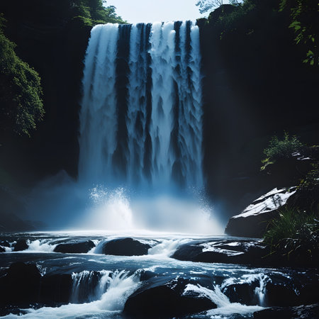 Waterfall in the forest at night, beautiful photo digital picture.の素材