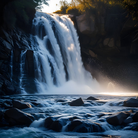 Waterfall in the mountains at sunset. Long exposure. Toned.の素材