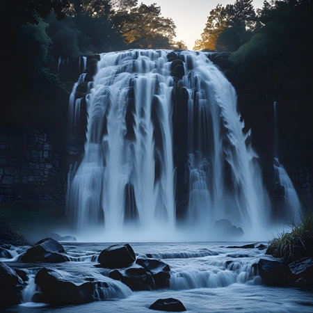 Beautiful waterfall in the forest at sunset. Long exposure photography.の素材