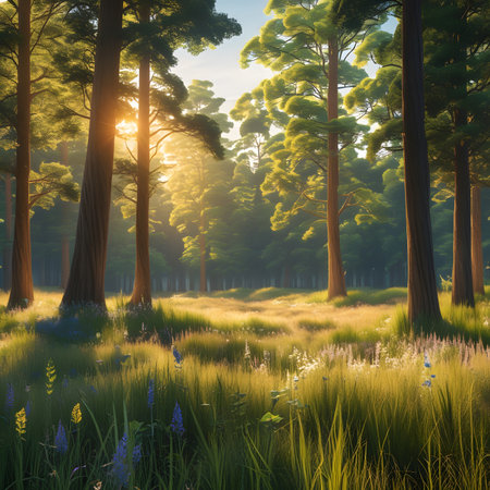 Sunrise in the pine forest. Nature composition. 3d renderの素材