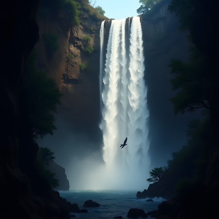 Tunnel of the waterfall in the forest. 3d renderingの素材