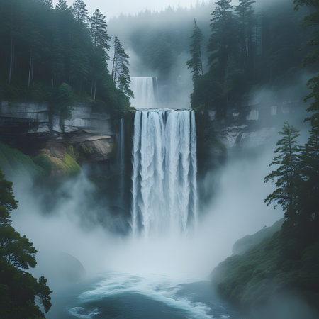 Beautiful waterfall in the forest on a foggy summer morning.の素材