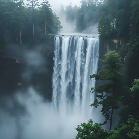 Hakone Falls in a foggy morning, Hokkaido, Japanの素材