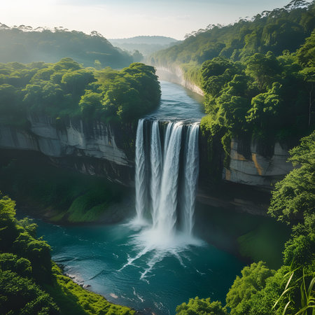 Beautiful waterfall in the forest. Aerial view of big waterfall in the forest.の素材