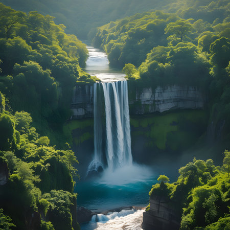 Beautiful view of the waterfall in the deep forest at dawn.の素材