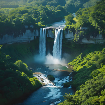 Aerial view of beautiful waterfall in green forest. Nature composition.の素材