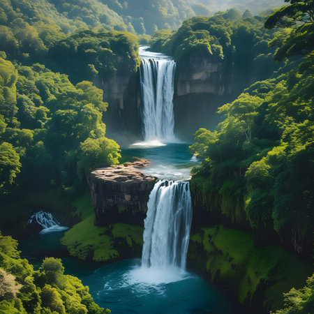 Beautiful waterfall in the forest. Summer landscape with a waterfall.の素材
