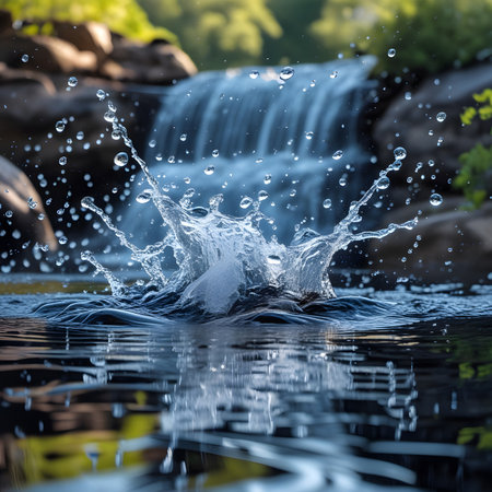 Water splash on the lake with blurred waterfall background, shallow depth of fieldの素材
