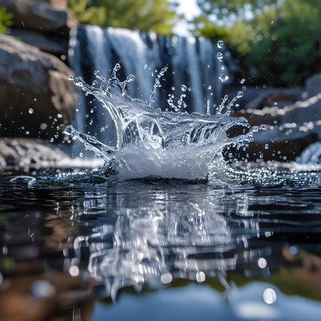 splashes of water on the background of a waterfall in the parkの素材