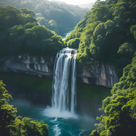 Waterfall in the green forest. Beautiful natural landscape with waterfall.の素材