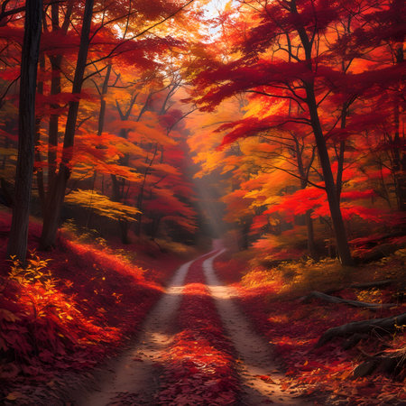 Autumn forest with red trees and path in the morning light.の素材