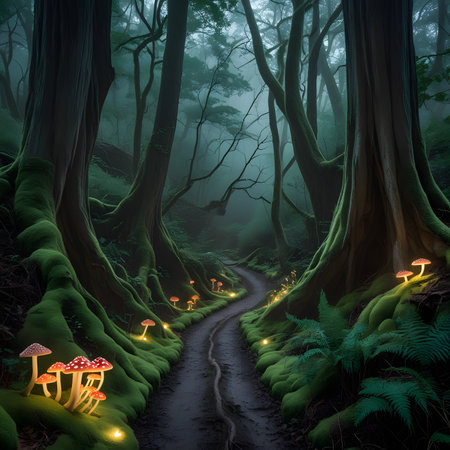 Fantasy forest path with mushrooms glowing in the dark. 3D renderingの素材
