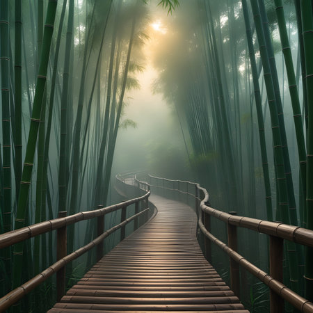 Bamboo walkway in the bamboo forest with morning fog, nature backgroundの素材