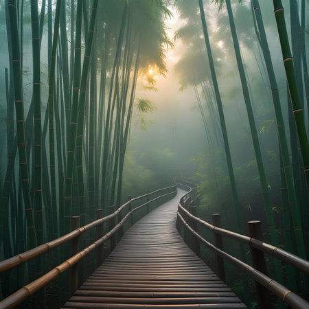 Wooden walkway in the bamboo forest at sunrise, japanの素材