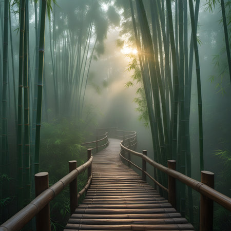 Wooden path in the bamboo forest with morning mist, 3d renderの素材