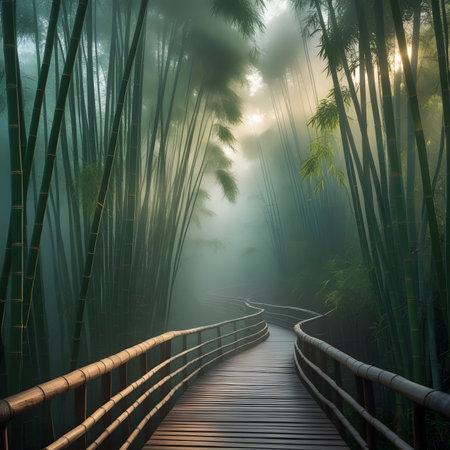 Wooden walkway in the bamboo forest with mist at sunrise.の素材