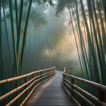 Wooden bridge in the bamboo forest with fog. 3d renderingの素材