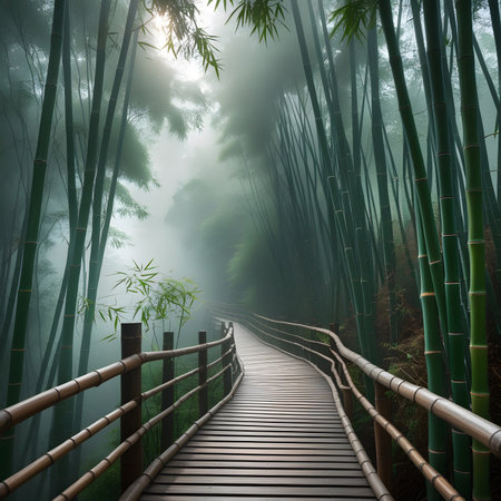 Wooden path in the bamboo forest with morning mist, 3d renderの素材