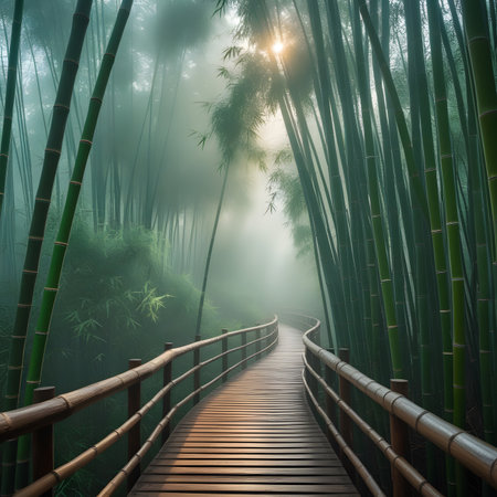 Wooden bridge in bamboo forest with morning fog, asia.の素材