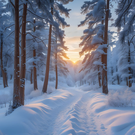 Winter forest at sunset. Beautiful winter landscape with trees covered with snow.の素材