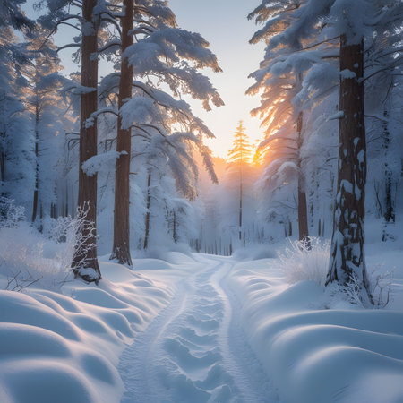 Beautiful winter sunrise in the pine forest. Beautiful winter landscape.の素材