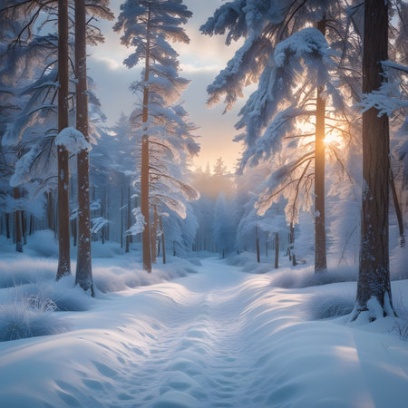 Snowy path in the winter forest at sunset. Beautiful winter landscape.の素材
