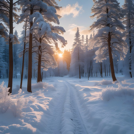 Beautiful winter landscape with snow covered trees. Sunset in the forest.の素材