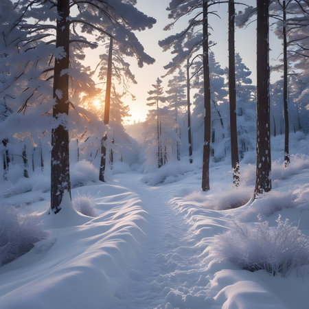 Winter landscape with snow covered trees and path in the forest at sunriseの素材