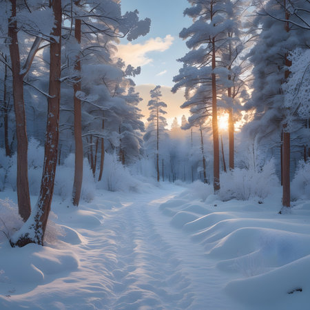 Snowy trail in winter forest at sunset. Beautiful winter landscape.の素材