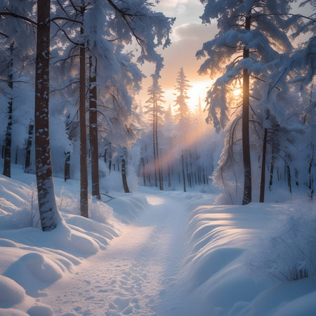 Snowy path in the winter forest at sunset. Beautiful winter forest landscape.の素材